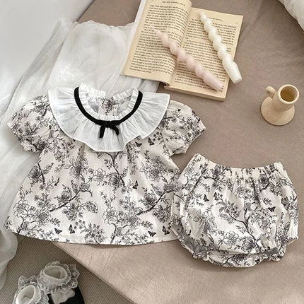2024 New Summer Toddler Baby Girl Clothes Set Girls Short Sleeved Cotton Printed Shirt+PP Shorts 0-3Yrs Children Clothing Suit