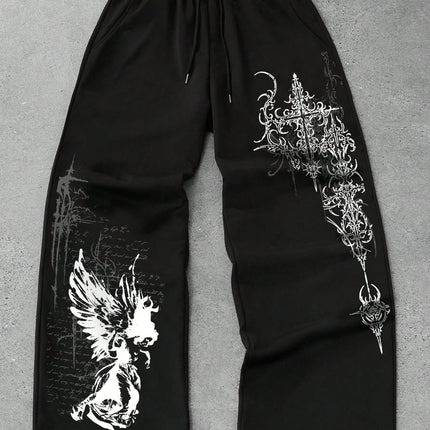 2026 Summer Men Women Y2K Gothic Angel Print Wide Leg Sports Pants Wear Hip-hop Casual Drawstring Pants Harajuku Street Style