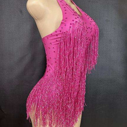 Sparkly Rhinestones Fringe Bodysuit Women Nightclub Party Dance Costume Stage Wear Sexy Tassel Leotard Performance Clothing 7G