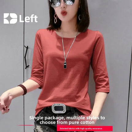 High-End Pure Cotton T-Shirt Women's Summer 3/4 Sleeve 2025 New Korean Style Fashionable Simple Slimming Top Body Shirt