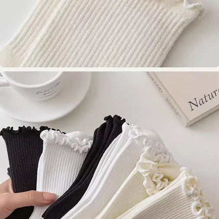 Cotton Socks for Women Girls Ruffle Top Solid Color Spring Autumn Breathable Soft Mid-calf Sock 1 Pair or 2 Pairs