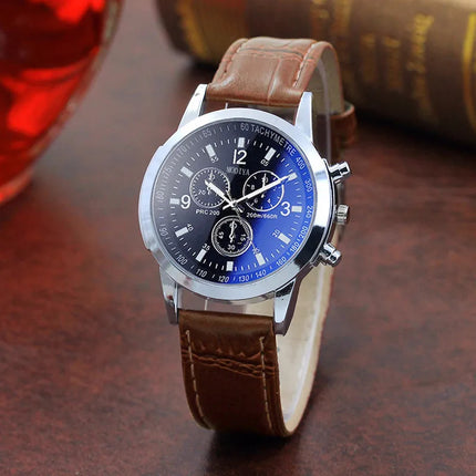 Luxury Blue Ray Glass Watches For Men Neutral Quartz Simulates The Wrist Watch Brand Casual Leather Strap Watches Reloj Hombre