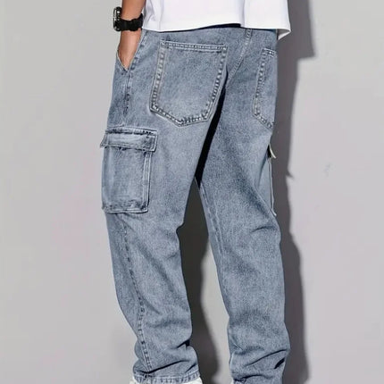 Men's American Retro Casual Cargo Jeans, Loose Fit, Solid Color, Fashion Essential
