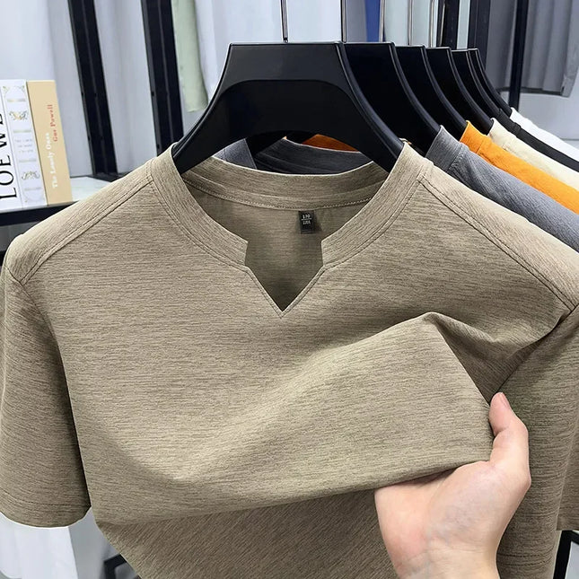Korean Men's Casual and Fashionable Small V-neck Solid Color Short-Sleeved T-shirt Comfortable Summer Versatile Top
