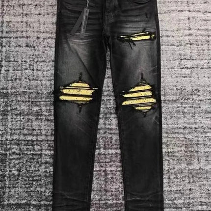 Men Yellow Ribbed Patches Distressed Jeans