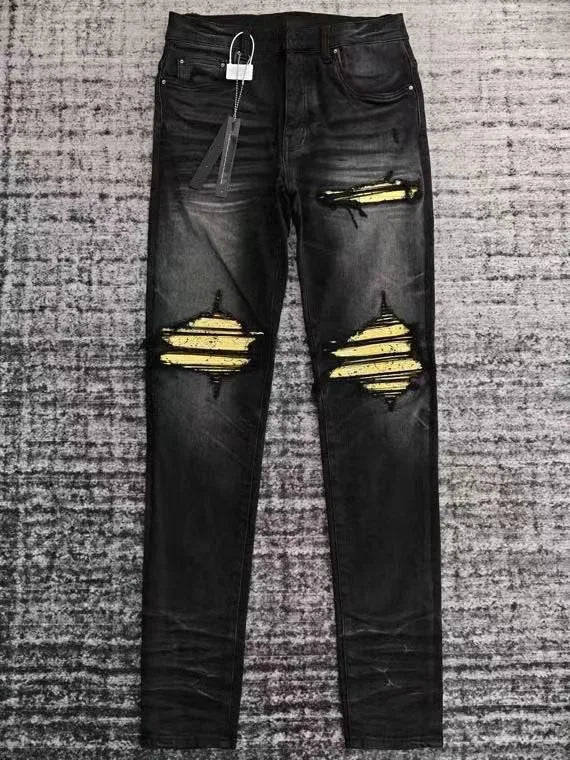 Men Yellow Ribbed Patches Distressed Jeans