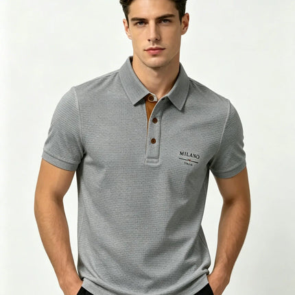 Mens Milano Italia Letter Jacquard Polo Shirt Breathable Quick Dry Fabric Casual Business Outdoor Daily Short Sleeve Top