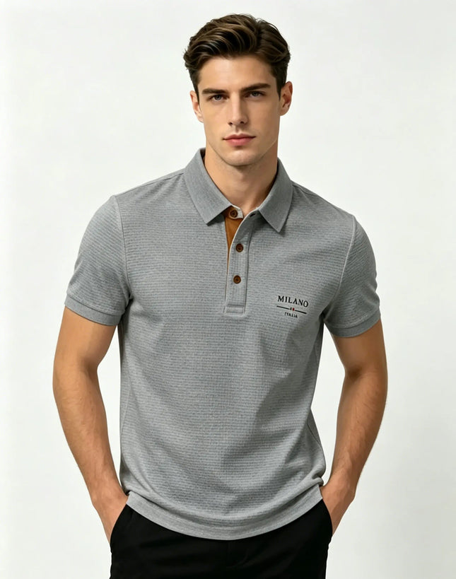 Mens Milano Italia Letter Jacquard Polo Shirt Breathable Quick Dry Fabric Casual Business Outdoor Daily Short Sleeve Top