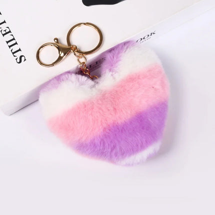Rainbow Plush Ball Keychain Large Heart Pompom Key Chain for Women Car Bag Pendant Fashion Jewelry Fluffy Love Pompons Keyring