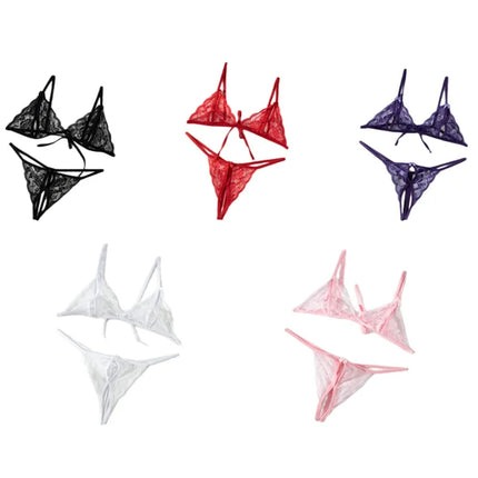 2Pcs/Set Women's Sexy Lace Transparent Lingerie Set Bikini Low-Waisted Thong Pants Dating Pajama Set