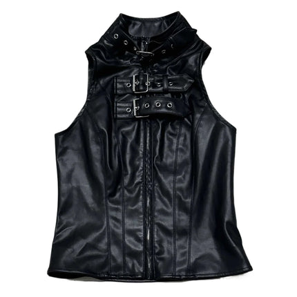 Punk Street Style Spice Girl Turtleneck Metal Buckle PU Leather Vest Slim Fit Sexy Short Sleeveless Top