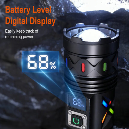 BORUiT 5000Lumen Ultra Bright LED Flashlight1500M Range Zoom Torch USB Rechargeable Handheld Torch With Digital Display Camping