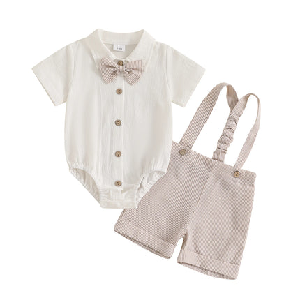 Pudcoco Baby Boy Gentleman Outfit Solid Color Short Sleeve Lapel Neck Romper with Stripe Suspender Shorts and Bowtie 0-18M