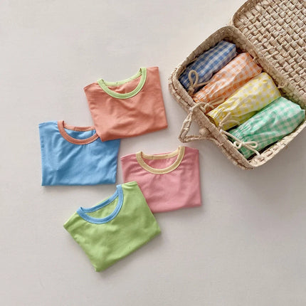 Infant Newborn Girls Boys Summer Short Sleeve Patch Top Tees Plaid Bottoms Kids Baby Clothing Cotton Sets 2pcs 0-24M