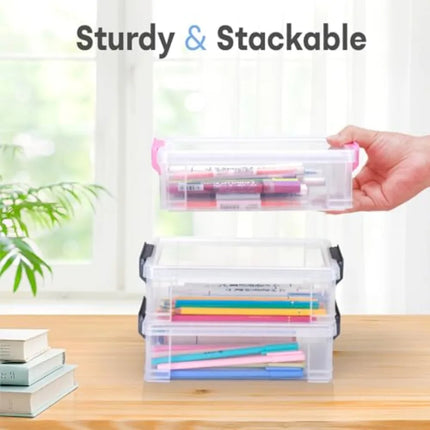 Clear Plastic Pencil Box - Extra Large Stackable with Secure Lid, Hard Storage Organizer Box for Crayons, Markers, Pens, Classr