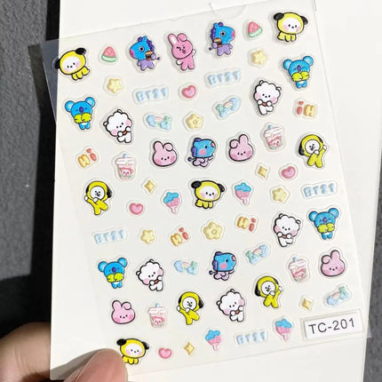 Kawaii BT21 Nail Stickers Embossed DIY Phone Cases Water Bottles Nail Decoration Stickers CHIMMY COOKY KOYA TATA Anime Gift Toys