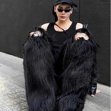 Mauroicardi Autumn Winter Long Black Thick Warm Hairy Shaggy Faux Fur Wide Leg Pants for Mens Luxury Designer Clothes Streetwear