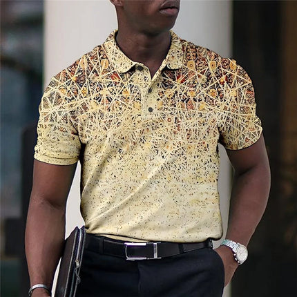 Summer Men's Polo Lapel Golf Shirt with Printed Geometric Pattern Fold