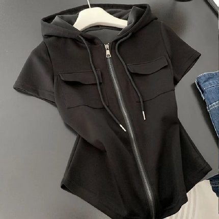 2026 Zebra Print Zip Up Hoodie Women's Clothing Hooded Short Sleeve Sweatshirts Y2k Tops Punk Causal Tees Fashion Summer Hoodies