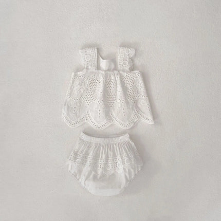 Summer Baby Girl Round Neck Sleeveless Lace Splicing Top+Clear Color Bag Pants 2-piece Set