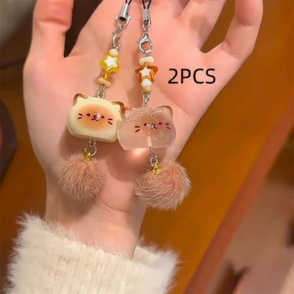1/2PCS cute fluffy cat mobile phone talisman with pom-pom tail 3D kitten keychain bag pendant girl creative cartoon
