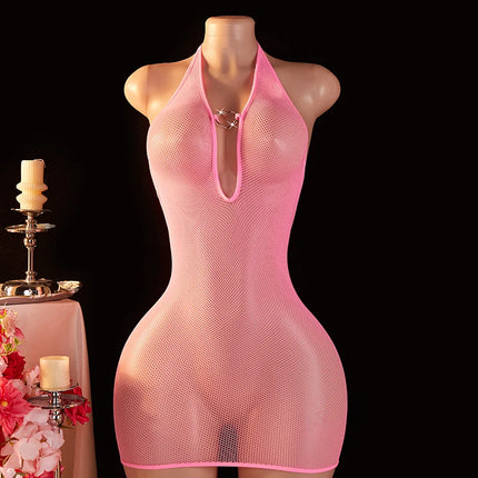 See Through Pink Sexy Women's Tight Mesh Dress Temptation Backless Shoulder Strap Hollow Out Bodysuit Skirt Erotic Clothing