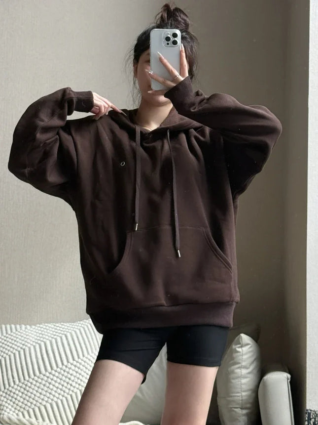 Women Casual Sports Drawstring Hoodie 2025 Autumn New Cotton Sweatshirt Fashion Classic Letter PulloverBlack Loose Hoodies