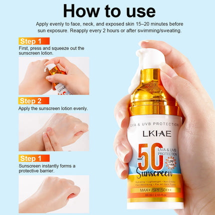 LKIAE Spf 50+ Sunscreen, UVA, UVB Protection, Prevents Sunburn, Skin Darkening, Pigmentation, Anti-Wrinkles, With Aloe Vera