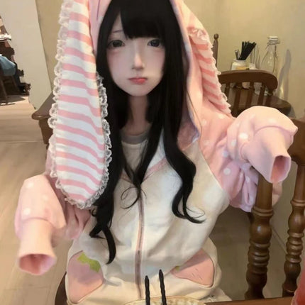 Aoaiiys Japanese Hoodies Women Kawaii Rabbit's Ears Loose Outerwear Strawberry Dot Print Aesthetic Sweatshirt Autumn Winter New