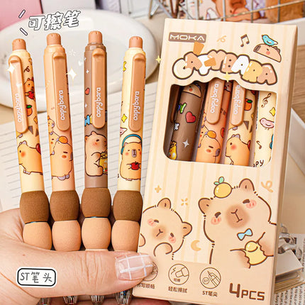 4Pcs/Box Kawaii Capybara Soft Sponge Pen Grip Side Press Erasable Pen Blue Ink Student Cartoon Neutral Pen School Stationery