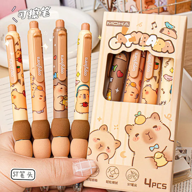 4Pcs/Box Kawaii Capybara Soft Sponge Pen Grip Side Press Erasable Pen Blue Ink Student Cartoon Neutral Pen School Stationery