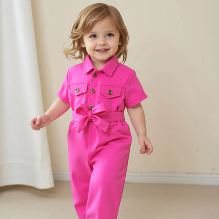 Cute Baby Girl Summer Short-Sleeved One-Piece Outdoor Casual Simple One-Piece Pants + Belt 2-Piece Set