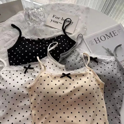 Women Summer Sweet Polka Dot Lace Edge Tank Tops Bow New Inner Layer Bottom Shirt With Bra Pad Slim Backless Sexy Basic Crop Top