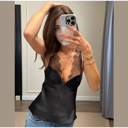 Fashion Women Sexy Lace Patchwork Sequin Sling Top Off Shoulder Backless Sleeveless See Through Slim Vests 2025 Lady Club Wear