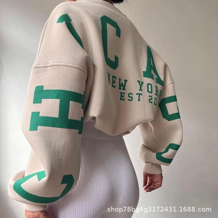 Women's Oversized Long Sleeve Fleece Lined Hoodie Street Style Comfortable Casual Polyester Spandex Blend round Neck Print