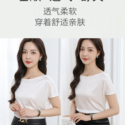 Summer women's short sleeved acetate fabric high-end knitted women's T-shirt thin European style hot selling women's T-shirt