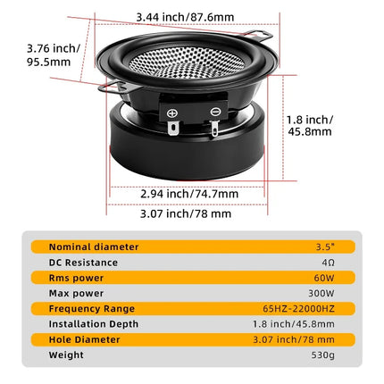 2 Pcs 3.5 Inch Midrange Bass Speaker Peak 300w 4 Ohm Carbon Fiber Basin HIFI High Power Audio Subwoofer Car Stereo Sound Speaker