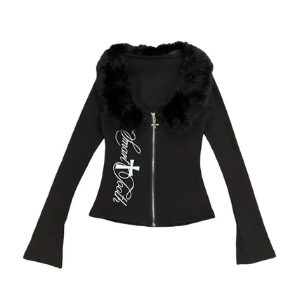 Spring new high street Harajuku style hooded sweatshirt with long sleeves and fur collar pattern printed slim fit waist jacket