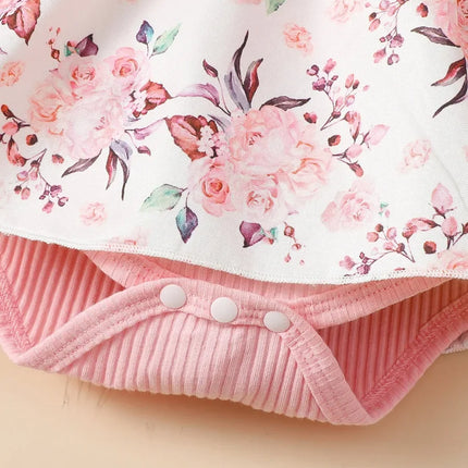 2PCS  Baby Girl Princess Romper Dress Long Sleeved Lovely Ribbed Floral Jumpsuit with Headband for Newborn Baby Girl 0-18 Months
