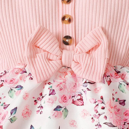 2PCS  Baby Girl Princess Romper Dress Long Sleeved Lovely Ribbed Floral Jumpsuit with Headband for Newborn Baby Girl 0-18 Months