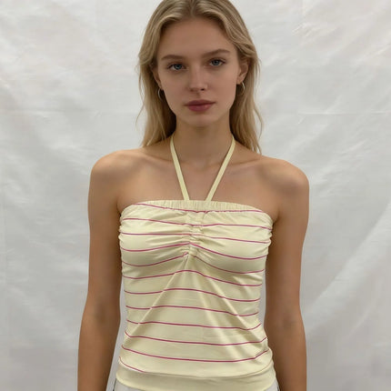 Girls' style striped color matching retro pleated design neck vest slim backless sexy 2026 new stylish ladies spice vest