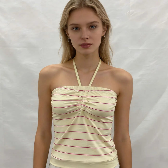 Girls' style striped color matching retro pleated design neck vest slim backless sexy 2026 new stylish ladies spice vest