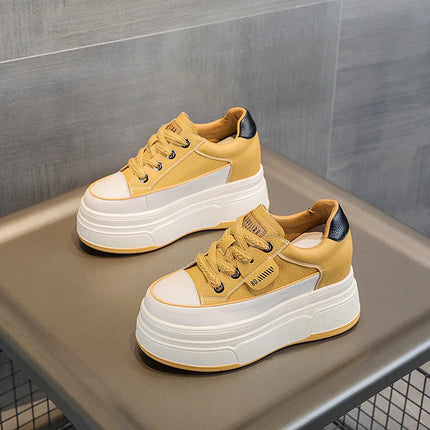 Fujin 9cm 3 inch comfortable platform sneakers for women Genuine Leather Women Vulcanized Shoes Platform High Heels Casual Shoes