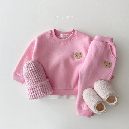 Korean Kids Bear Embroidery Fleece Pullover Set 1-5yrs Sweatshirt Tops+Harem Jogger Pants Suits 2pcs Girls Fleece Lined Clothes
