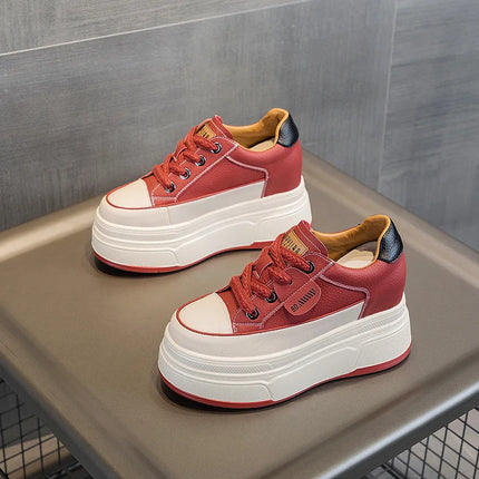 Fujin 9cm 3 inch comfortable platform sneakers for women Genuine Leather Women Vulcanized Shoes Platform High Heels Casual Shoes