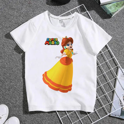 The New 2026 Super Mario Mary Cartoon Parent-child Outfit Male and Female Students Summer White T-shirt with Short Sleeves