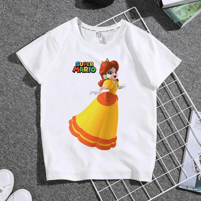 The New 2026 Super Mario Mary Cartoon Parent-child Outfit Male and Female Students Summer White T-shirt with Short Sleeves