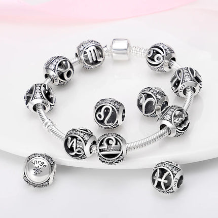 Hot Sale 925 Sterling Silver 12 Constellation Beads Charm Fit Original Pand 3mm Bracelet For Women Jewelry Birthday Fashion Gift