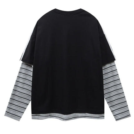 Retro patchwork color blocking casual loose print fake two-piece design sense round neck long sleeved T-shirt for men and women
