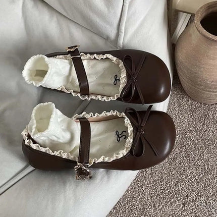 Lolita PU Leather JK Flat Shoes Bow Sweet Slip On Loafers Soft Sole Lace Ruffled Mary Jane Shoes Women